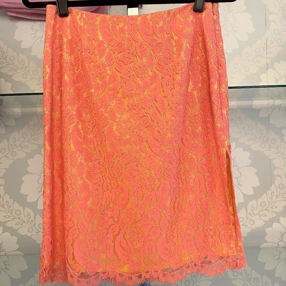 TRINA TURK Orange Cotton Blend Lace Straight Skirt